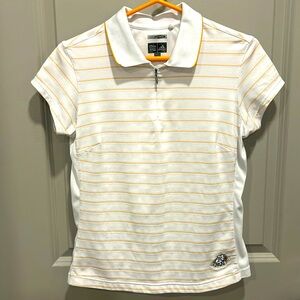 Adidas Climacool size M, white & orange stripped short sleeve collared top
